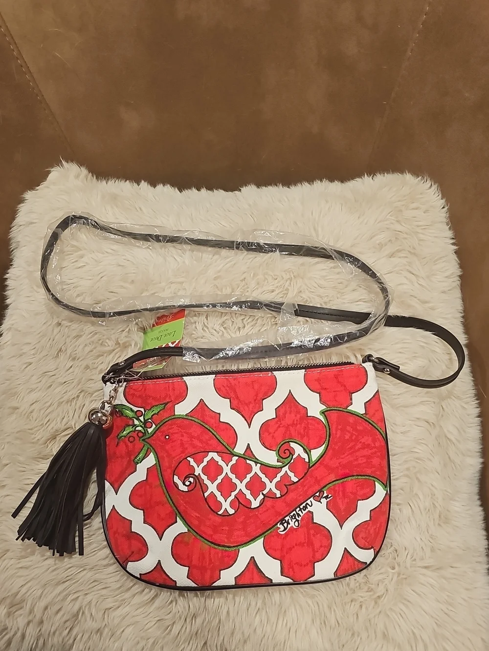 BRIGHTON Love Dove Pouch Crossbody Bag Red Bird Holiday Print Heart NWT